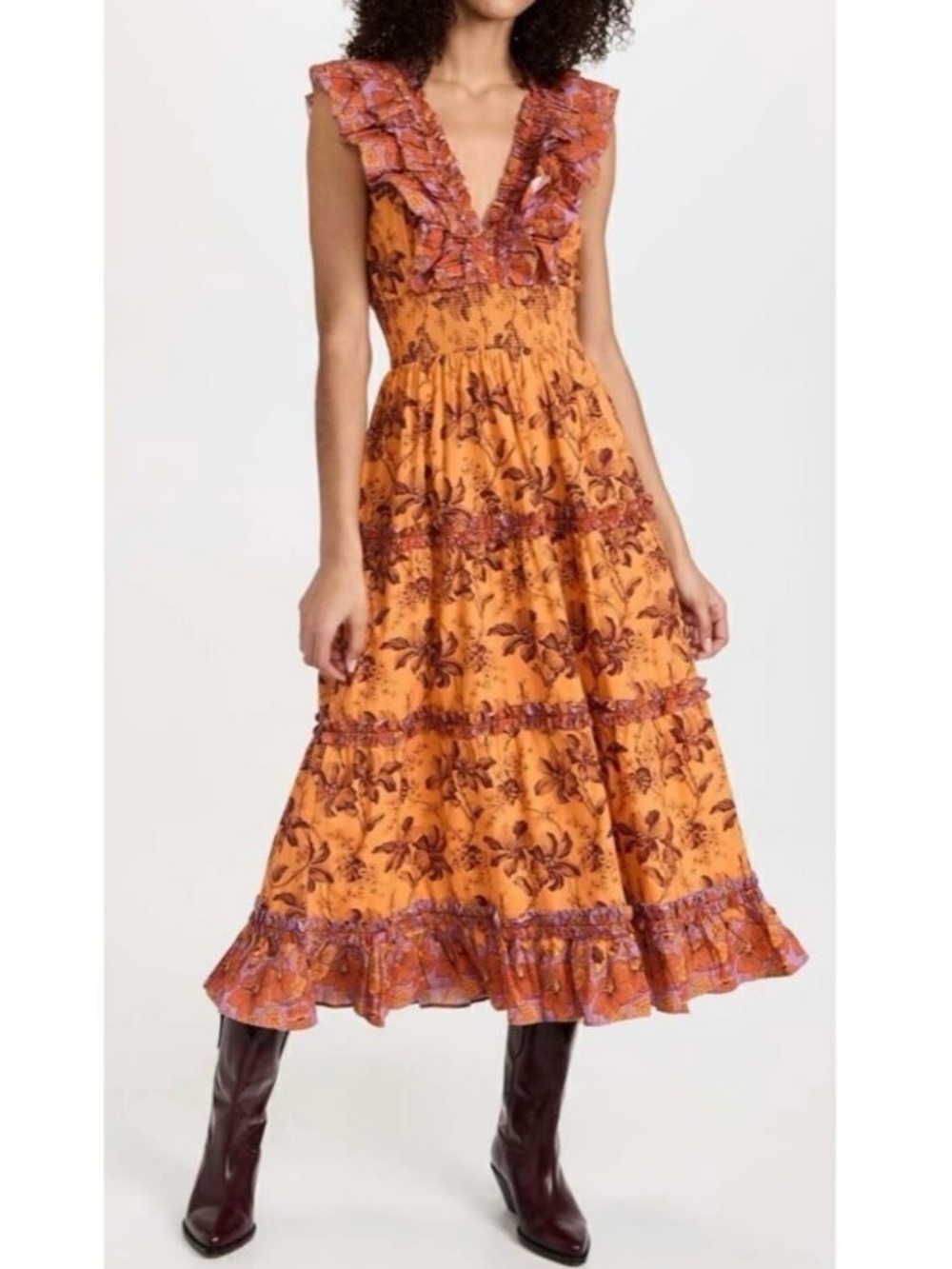 Love The Label Sz L Ruffled Fall Colors Floral Midi Dress Azalea Boho Festival